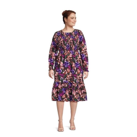 Women's Plus Size Tiered Peasant Floral Lightweight Comfy Midi Dress Size 2X - Picture 4 of 9
